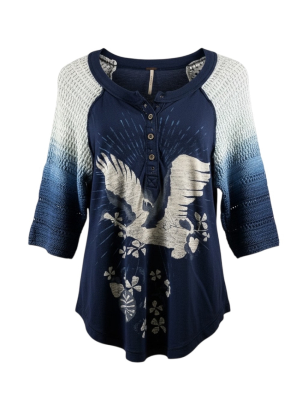 Free People 3/4 Sleeve Henley in Blue White Graphic Size XS